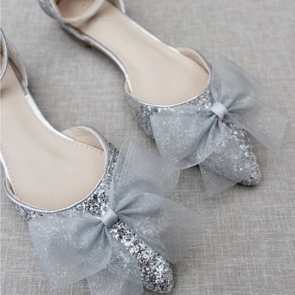 Rock Glitter Pointy Toe Flats with Organza Bow - Picture 6 of 11